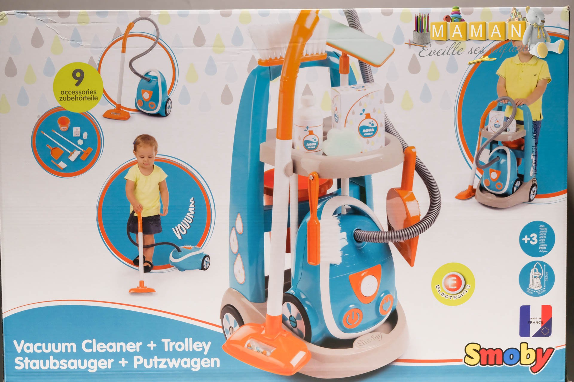 Jouet D’imitation Ménage Smoby – Chariot Avec Aspirateur Rowenta (bruit Réel) + 9 Accessoires – Pour Enfant Dès 3 Ans, Fabrication Française